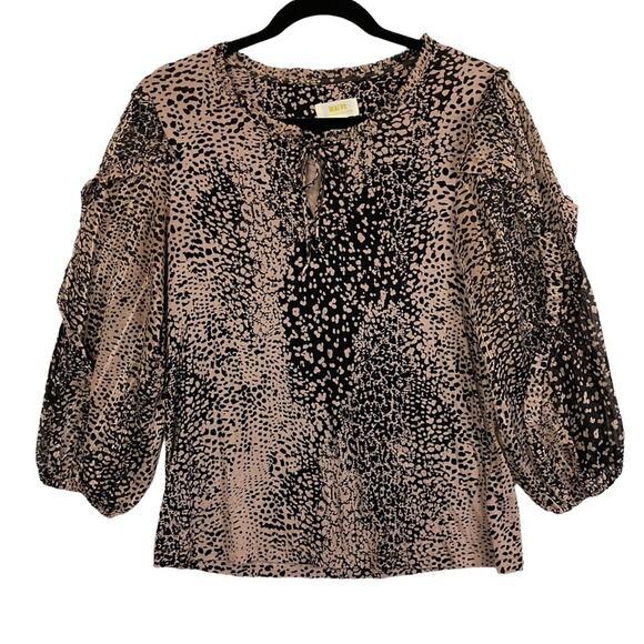 Anthropologie Maeve Black Tan Ruffle Sleeve Top Size Small - Picture 1 of 7